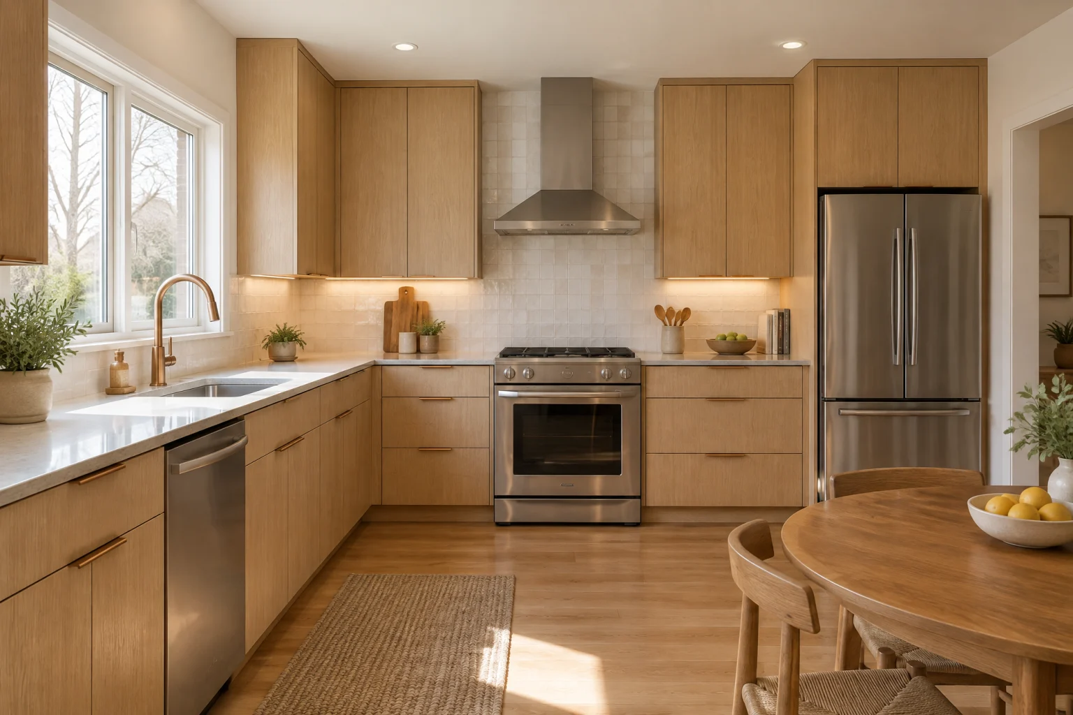 Refaced kitchen cabinets in deep green with new shaker doors, brass pulls, and a white quartz counter