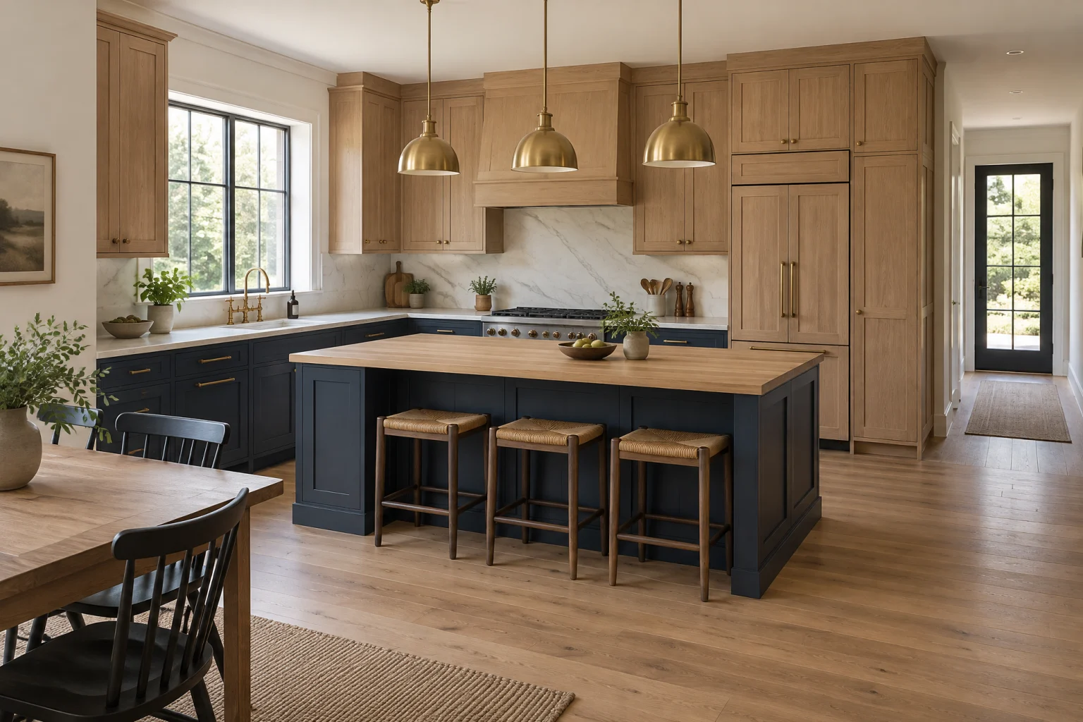 A full kitchen remodel with white oak cabinets, a honed stone island, a plaster range hood, and brass fixtures