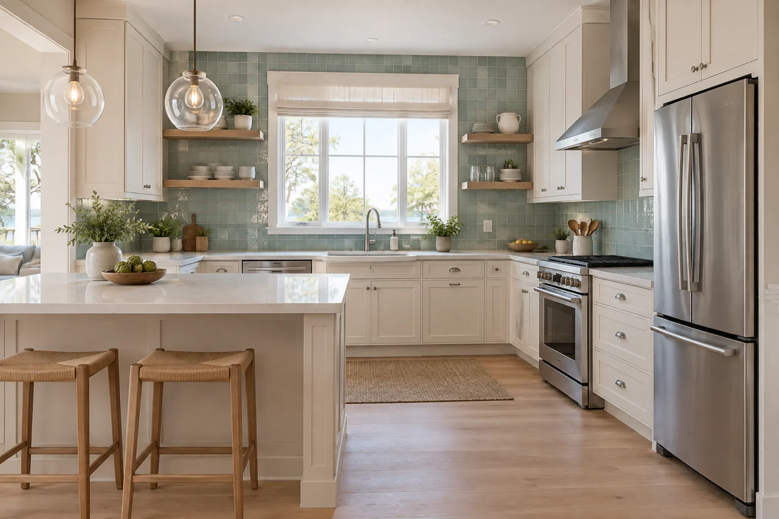 Bright L-shaped kitchen with soft white shaker cabinets, a white quartz counter, a pale blue-green zellige tile backsplash, two white oak open shelves beside a large window over the sink, a short peninsula with two white oak stools, a stainless faucet and stainless appliances, pale wide-plank oak floor, and a white linen roman shade