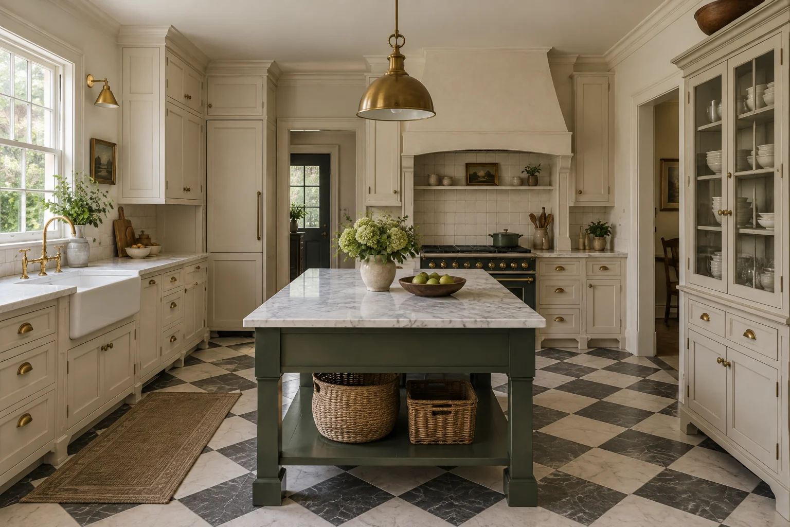 English country kitchen with cream inset cabinets, a deep green island with a honed white marble top, a wide range set into a chimney-breast alcove under a plaster hood, a white fireclay farmhouse sink under a sash window, unlacquered brass bridge faucet and cup pulls, a cream and charcoal checkerboard floor, a glass-fronted dresser cabinet, and a brass rise-and-fall pendant