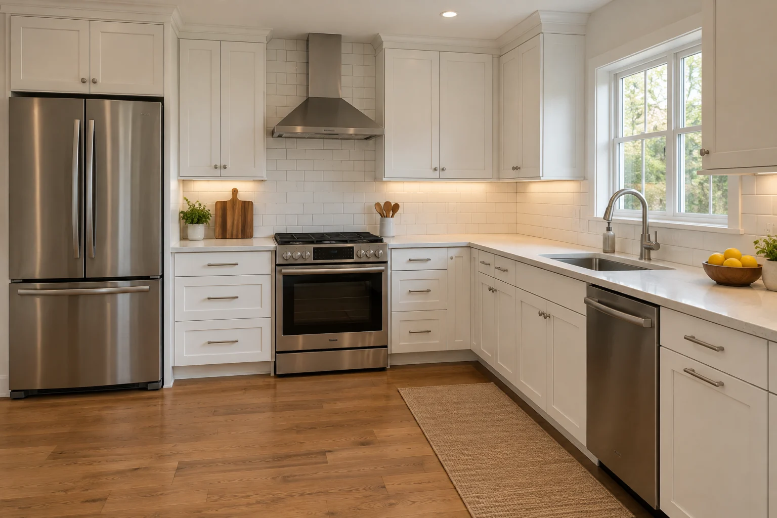 Bright white kitchen with white shaker cabinets, white quartz counters, white subway tile backsplash with soft grey grout laid in a running bond, a stainless range and slim stainless hood, a stainless pull-down faucet under a double-hung window, oak floors, and warm under-cabinet light on the counters