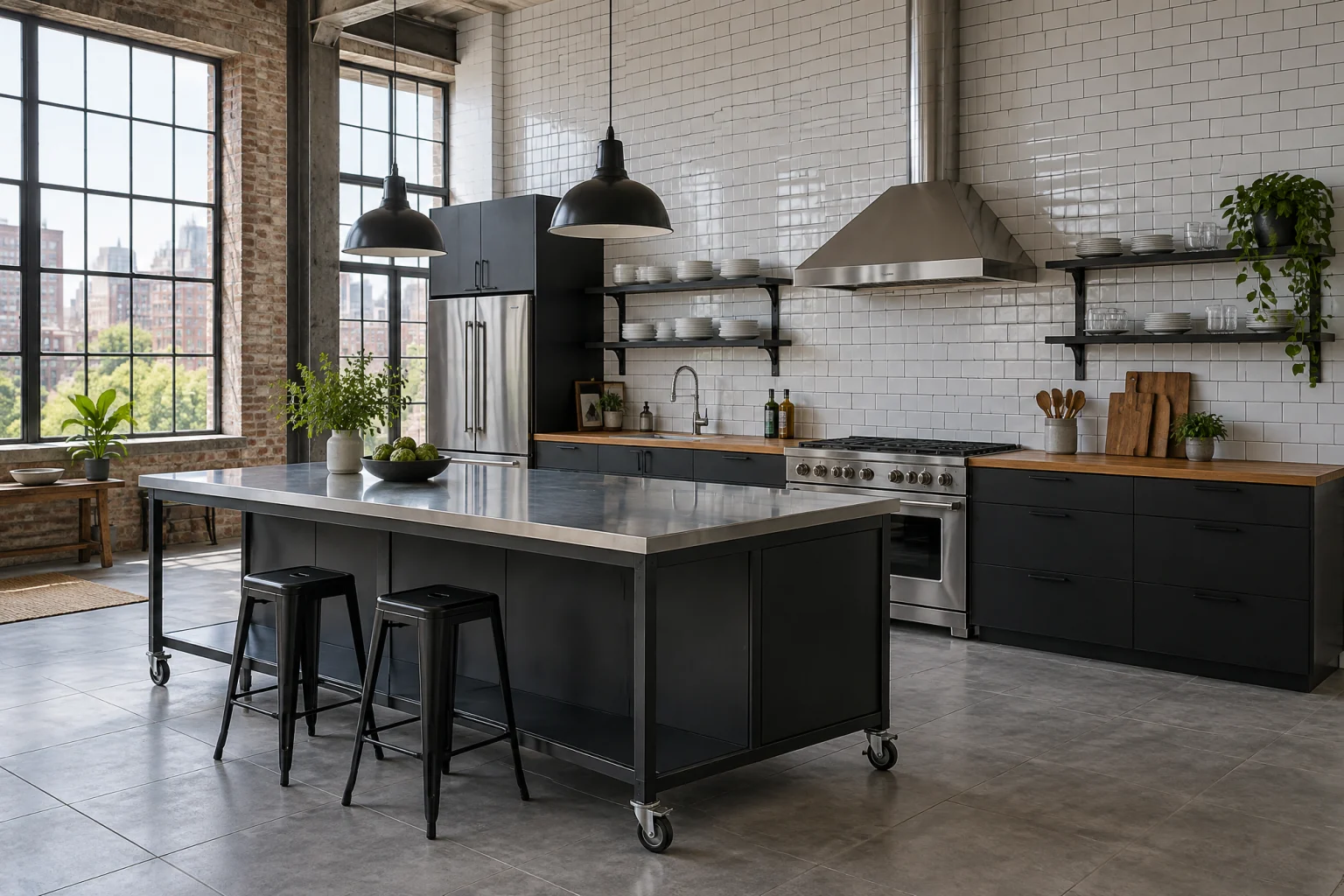 Loft kitchen with a large stainless-steel-topped island on a black steel base, black flat-panel lower cabinets under a butcher block prep counter, open black steel shelving on a white subway tile wall stacked with plain white dishes, a stainless range with an exposed stainless duct, concrete-look porcelain floor, and two black factory pendants over the island, in a room with tall steel-framed windows