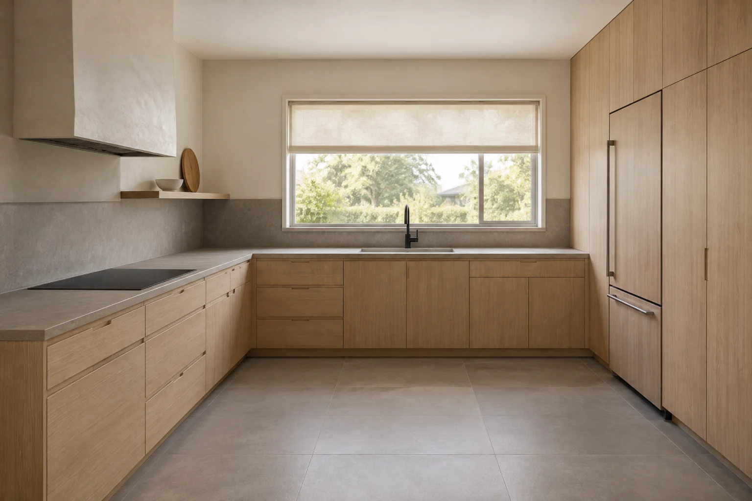 Serene L-shaped kitchen with pale rift-sawn white oak flat-panel lower cabinets, no upper cabinets on the window wall, one full-height oak storage wall with integrated pulls, a matte warm-grey porcelain slab counter run up as the backsplash, a soft white plaster hood over an induction cooktop, a matte black faucet at an undermount sink, large-format warm grey porcelain floor tile, a low oak shelf with a single ceramic bowl, and a wide window with a linen roller shade