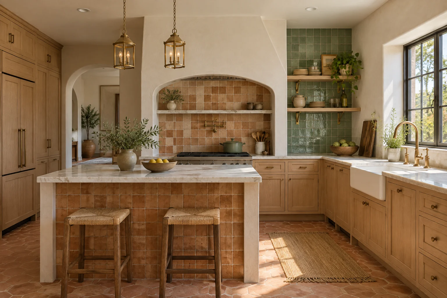Warm Mediterranean kitchen with an arched plaster range hood over a range in a tiled alcove of glazed terracotta tile, open white oak shelves on unlacquered brass brackets against a sea-green zellige wall, honed white marble counters, a tiled peninsula faced in terracotta, limewashed warm white walls, a brass bridge faucet at the sink under a deep-set window, and a terracotta-toned floor