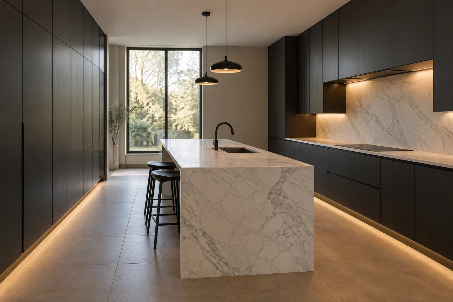 Modern kitchen with charcoal matte flat-panel cabinets running floor to ceiling on one wall with integrated finger pulls and no visible hardware, an island wrapped in honed white marble with grey veining and a waterfall edge on both ends, a full-height marble slab backsplash behind a flush black induction cooktop with a concealed hood, matte black faucet at an undermount sink in the island, warm under-cabinet light glowing across the counters, a large warm greige porcelain tile floor, and a tall window at the end of the room