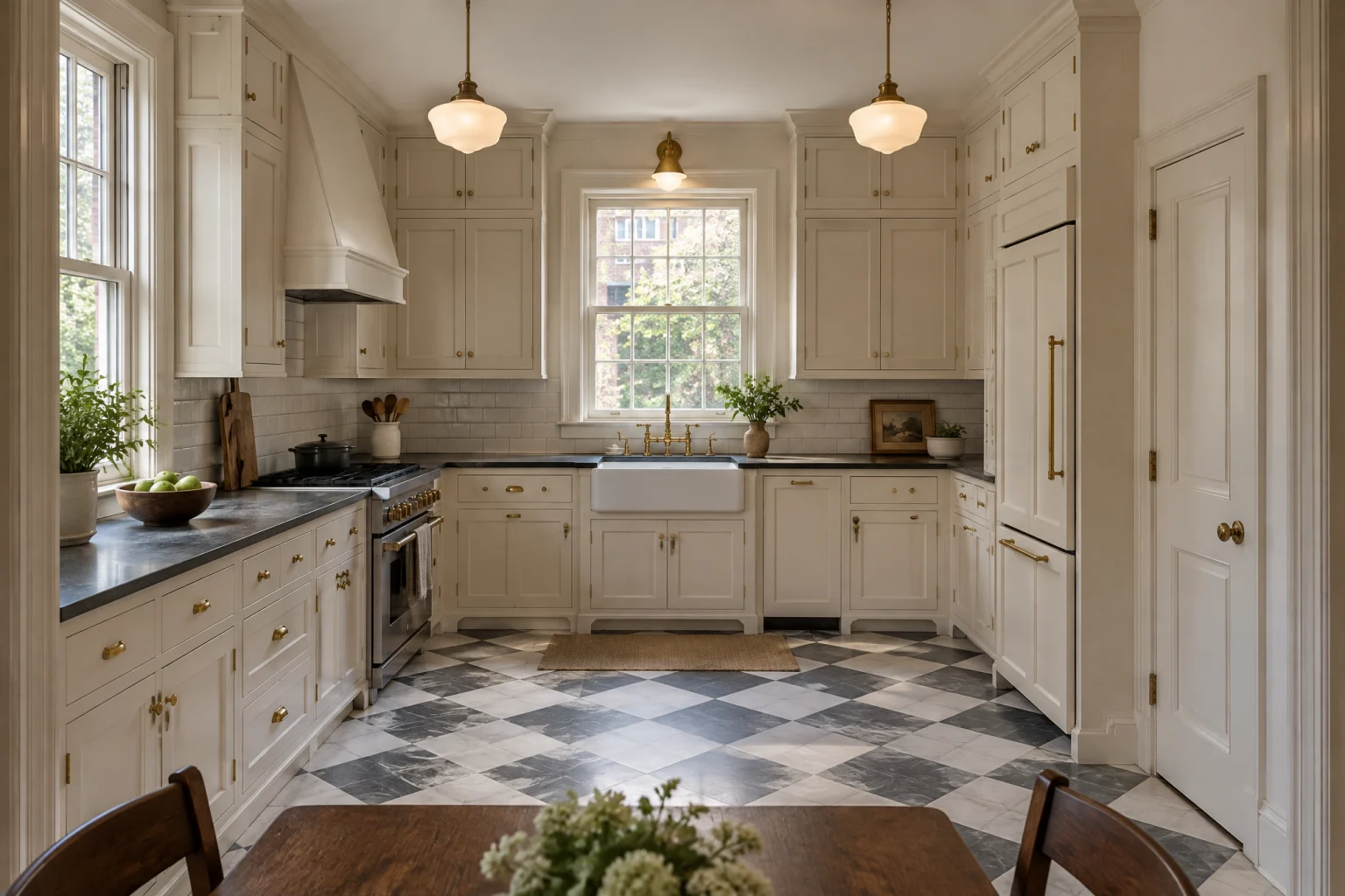 Kitchen in a pre-war house with tall double-hung windows and original wide door casings, cream-painted inset cabinets with small unlacquered brass knobs and butt hinges, honed charcoal soapstone counters, a white fireclay farmhouse sink under the window with a brass bridge faucet, white subway tile with pale grey grout to the bottom of the uppers, a freestanding range with a simple painted hood above, and a cream and soft charcoal checkerboard floor laid on the diagonal