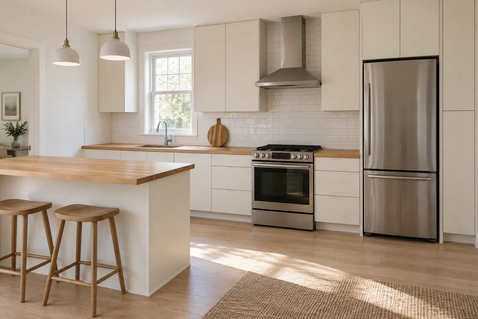 Small bright kitchen on a single wall with a short peninsula, pale warm-white flat-panel cabinets with no visible hardware, an oiled maple butcher block counter, white subway tile backsplash with white grout, a stainless range and slim stainless hood, a stainless undermount sink with a stainless faucet under a window, pale oak floor, two white pendants over the peninsula, and one wooden board leaning against the tile
