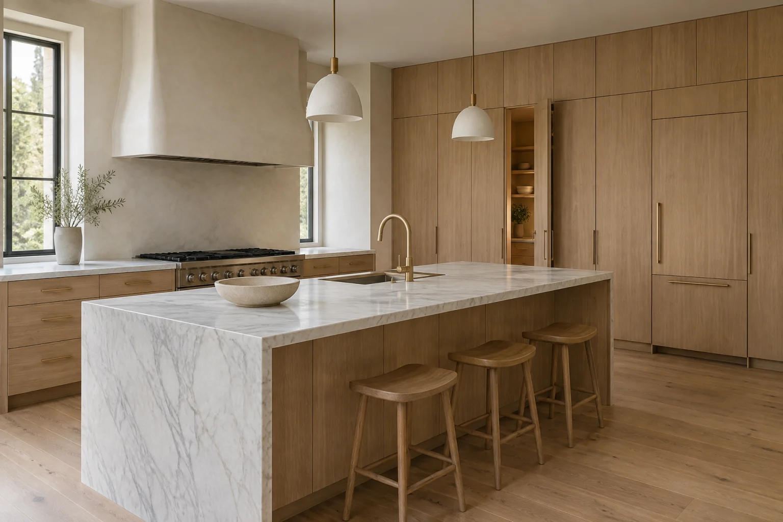 Serene kitchen with a long island topped in honed white marble with soft grey veining, rift-sawn white oak island base and a full-height white oak cabinet wall with panel-front integrated appliances and a concealed door to a back kitchen, a warm white plaster range hood over a wide range, unlacquered brass faucet and slim pulls, wide-plank oak floors, bare counters, and a tall window with soft daylight
