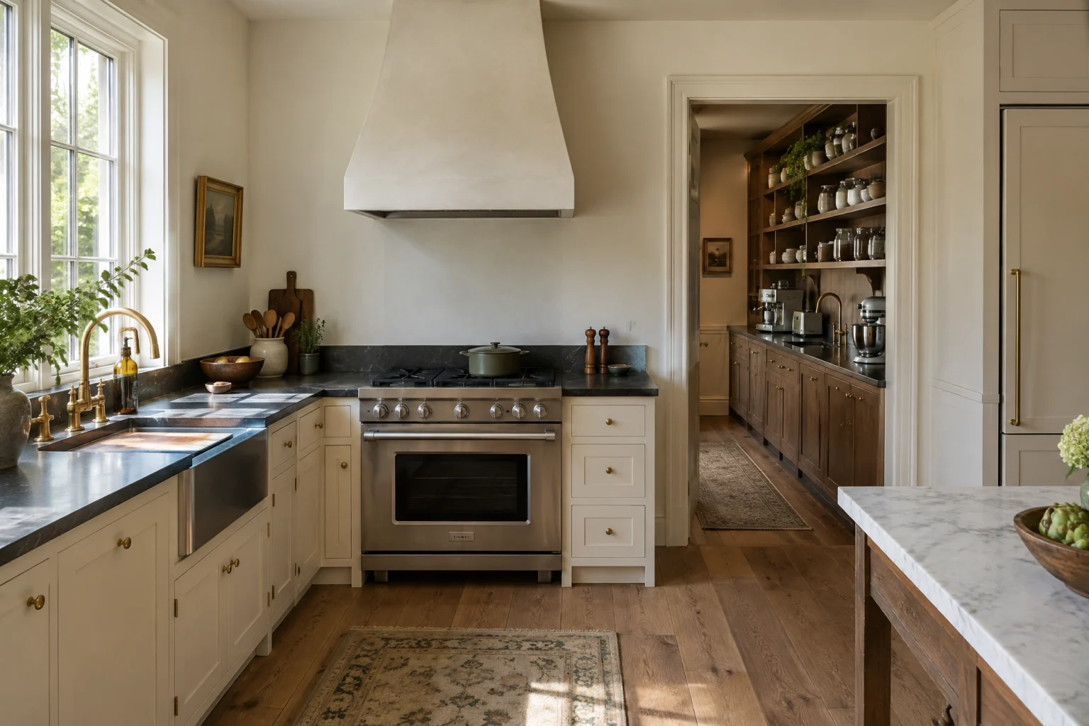 Kitchen with cream inset cabinets and no wall cabinets, dark oiled soapstone counters, an unlacquered brass bridge faucet at a large stainless workstation sink under a wide window, a plaster-white wall, wide oak floors, and through an open doorway a walk-in pantry lined floor to ceiling with walnut shelving and cabinets, a soapstone counter with a coffee machine and toaster, and a small second sink