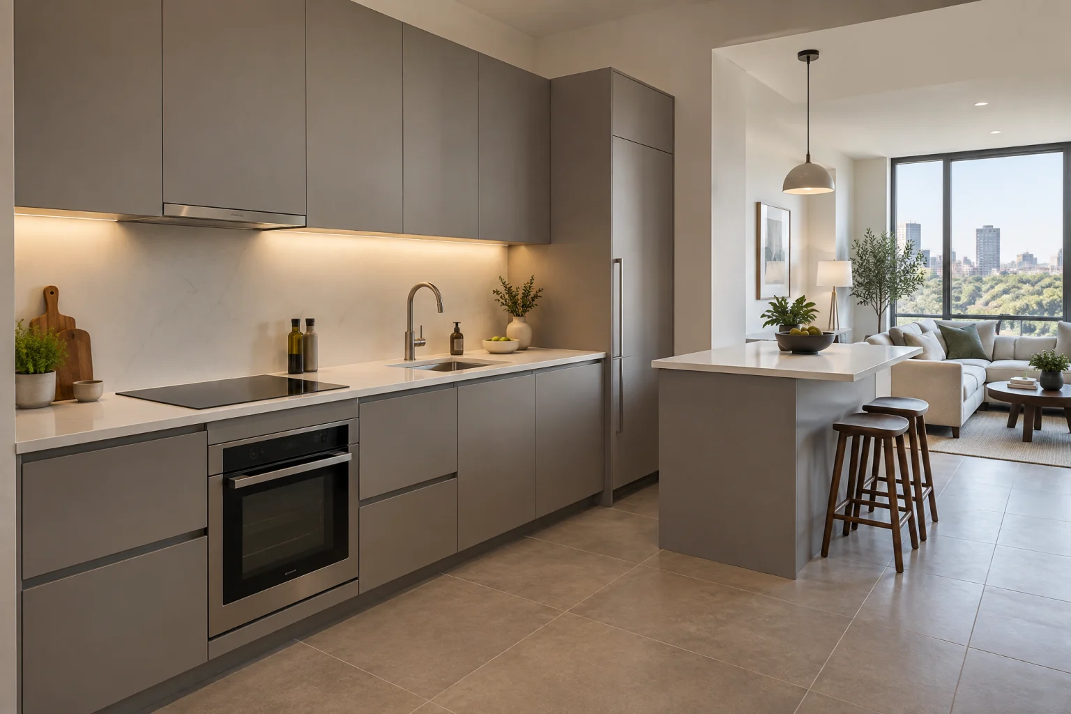Compact condo kitchen on a single wall with warm grey flat-panel cabinets and integrated finger pulls, a white quartz counter and matching slab backsplash, a tall panel-front integrated refrigerator, an induction cooktop under a slim recirculating hood, a short peninsula with two low stools facing a window wall, warm greige porcelain floor tile, and under-cabinet light