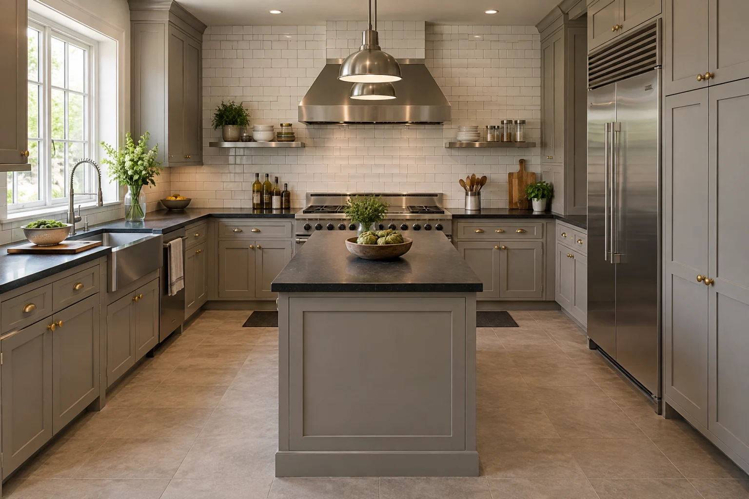U-shaped kitchen with a stainless steel range wall holding a wide professional-style range under a stainless canopy hood, a stainless counter and shelf either side of the range, inset painted cabinets in warm grey with brass knobs on the other two walls, honed black granite counters, a large stainless workstation sink with a cutting board on its ledge under a window, a compact prep island topped in the same black granite, white subway tile to the ceiling, and a warm greige porcelain tile floor