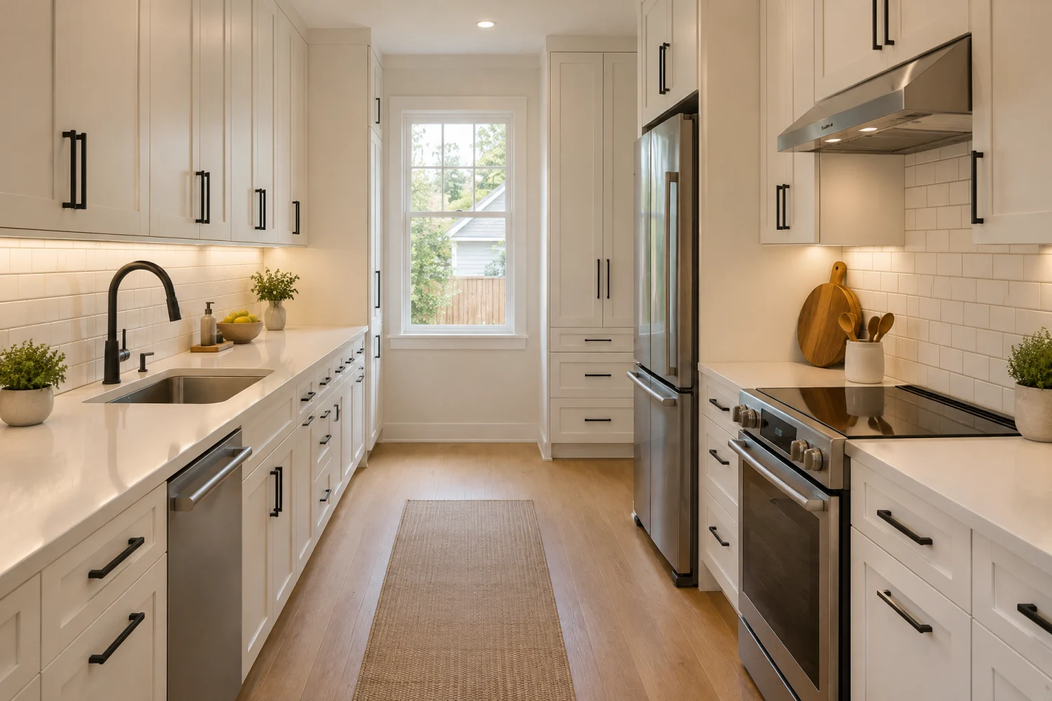 Narrow galley kitchen with two parallel runs of warm white shaker cabinets, a forty-four-inch aisle of pale oak floor between them, white quartz counters, white subway tile to the underside of the upper cabinets, a stainless sink with a matte black faucet on one side and a slide-in range with a slim hood on the other, matte black bar pulls, a tall pantry cabinet at the far end, warm under-cabinet lighting, and a window at the end of the aisle