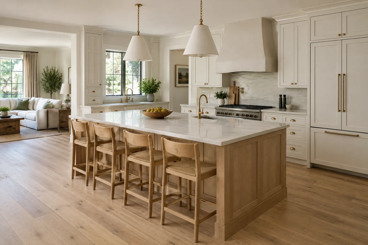 Large open kitchen with a long white oak island topped in pale quartzite, four oak counter stools along one side, warm white shaker perimeter cabinets, a plaster range hood over a wide range, unlacquered brass pulls and faucet, wide oak floors, and two linen-shaded pendants over the island