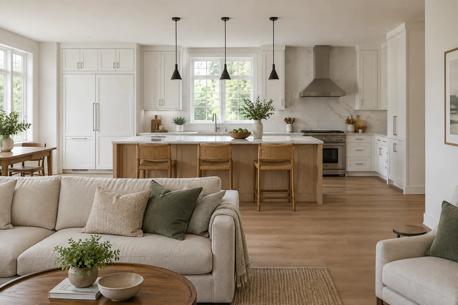 Open-plan kitchen seen from the living area, with the former dividing wall replaced by a flush ceiling beam, a white oak island facing a sofa, white shaker perimeter cabinets, a white quartz counter run up the wall as a full-height slab backsplash, stainless range and hood, oak floors running unbroken from kitchen to living room, three black pendants over the island, and tall windows on the far wall