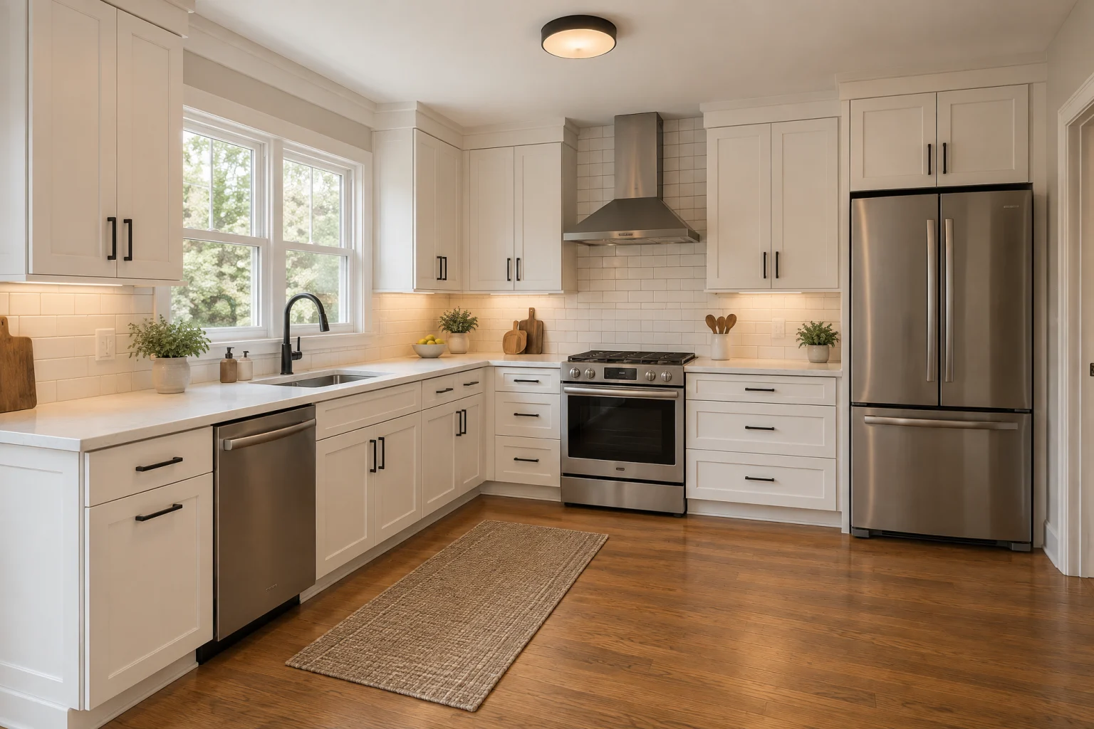 Bright L-shaped kitchen with new warm white shaker doors and drawer fronts on the existing cabinet boxes, a white quartz counter with soft grey veining, glossy white subway tile backsplash, matte black bar pulls and a matte black pull-down faucet, warm LED under-cabinet lighting, stainless appliances in their original positions, a double window over the sink, and a medium oak floor