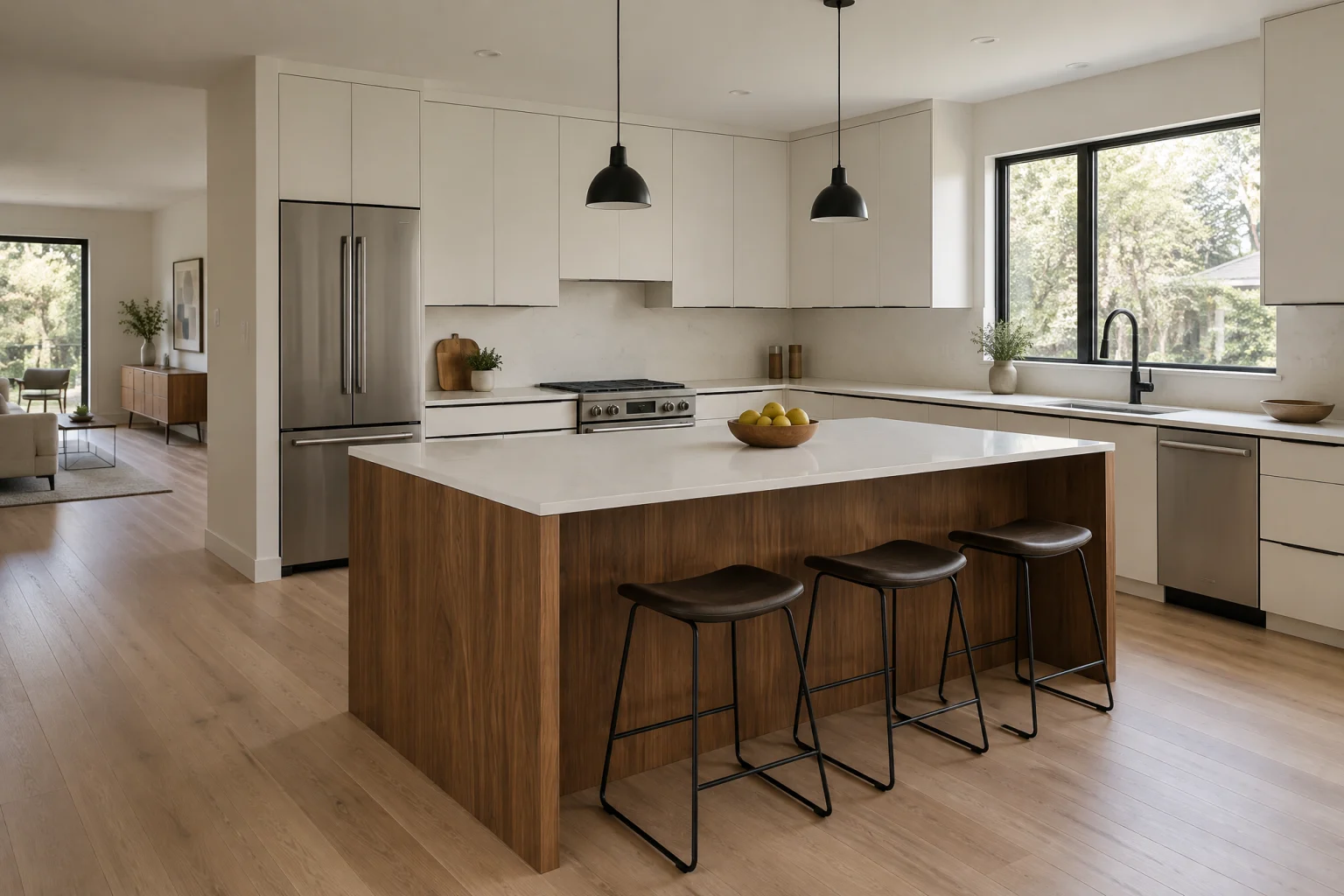 Modern L-shaped kitchen with flat-panel white perimeter cabinets, a walnut island with a white quartz top and three low black-framed stools, a white quartz slab backsplash running to the underside of the upper cabinets, slim matte black edge pulls, a flush stainless range with a concealed hood, wide oak floors, and a large window over the sink