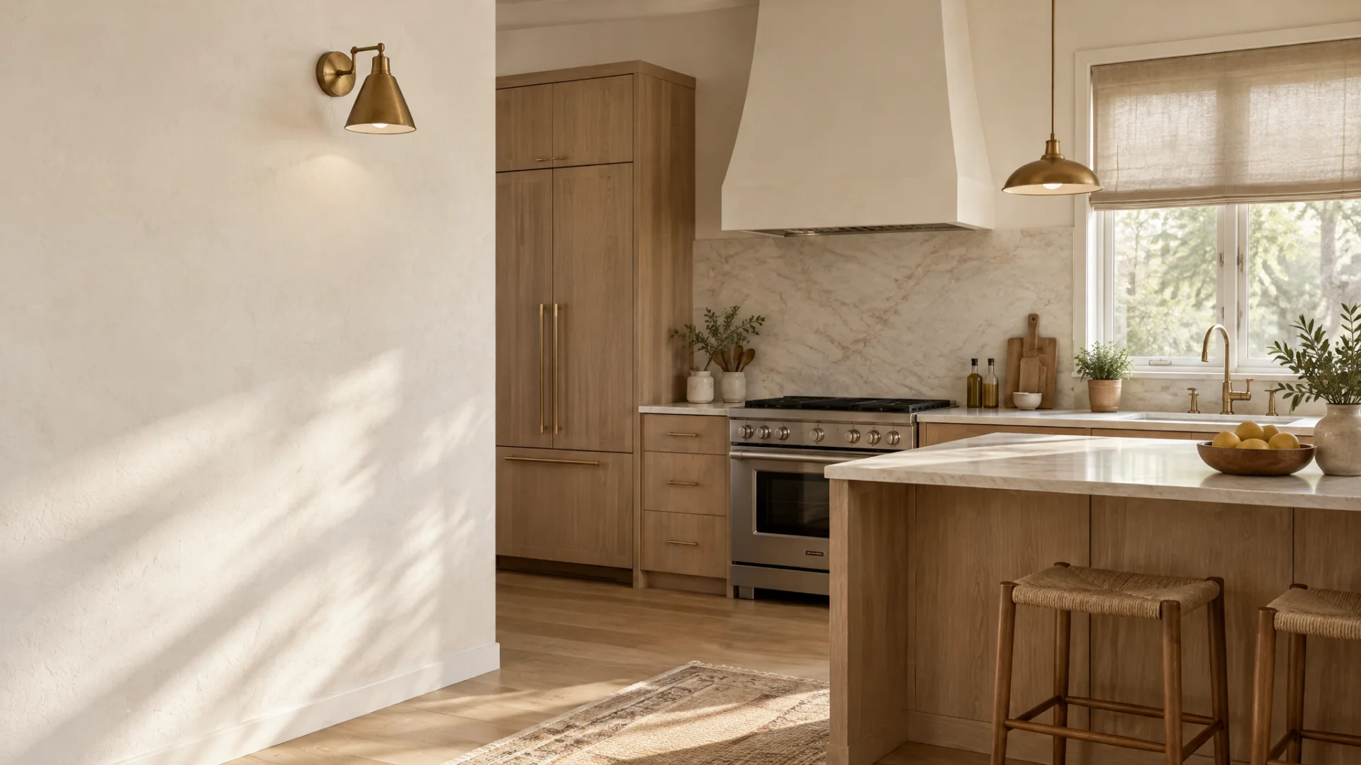 Sunlit kitchen with white oak cabinets, a honed stone island, a plaster range hood, and unlacquered brass fixtures beside tall windows
