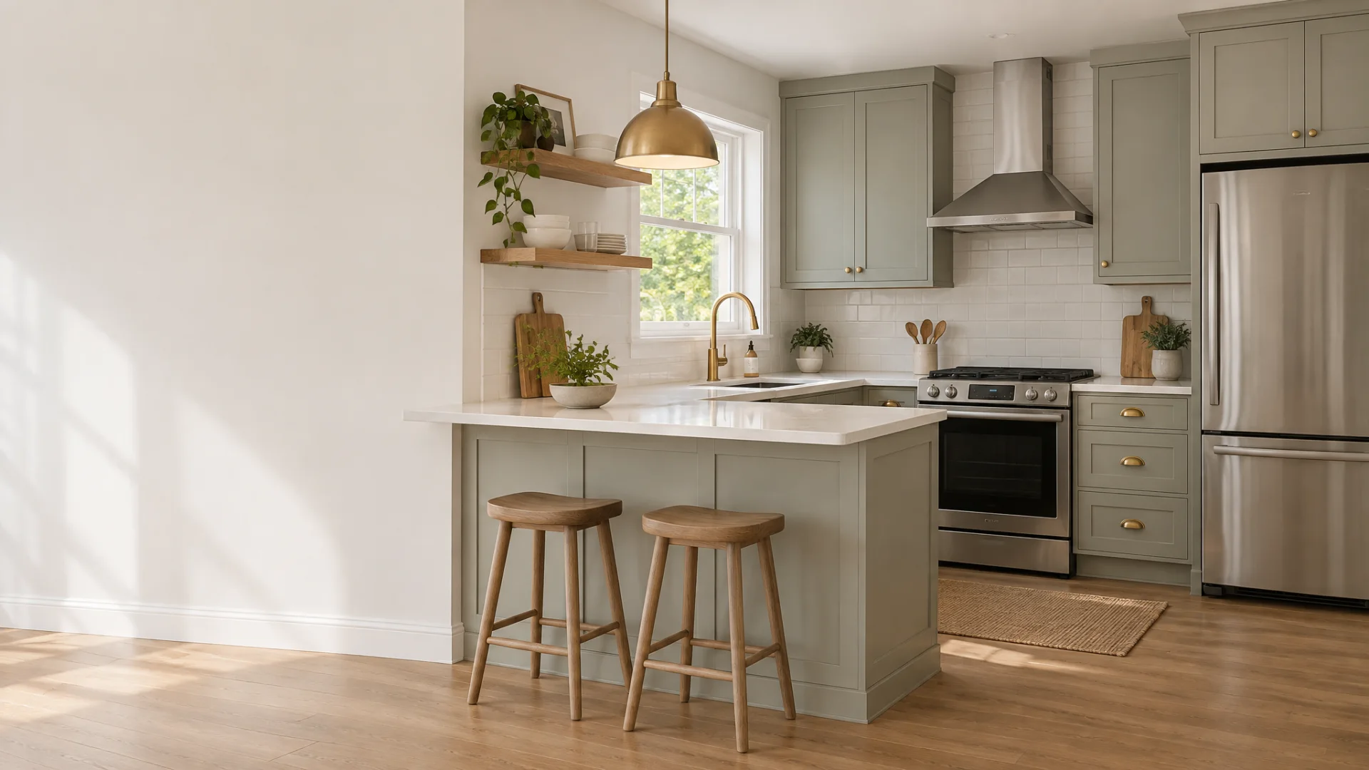 Refreshed kitchen with painted shaker cabinets, new brass pulls, a white quartz counter, and a simple subway backsplash