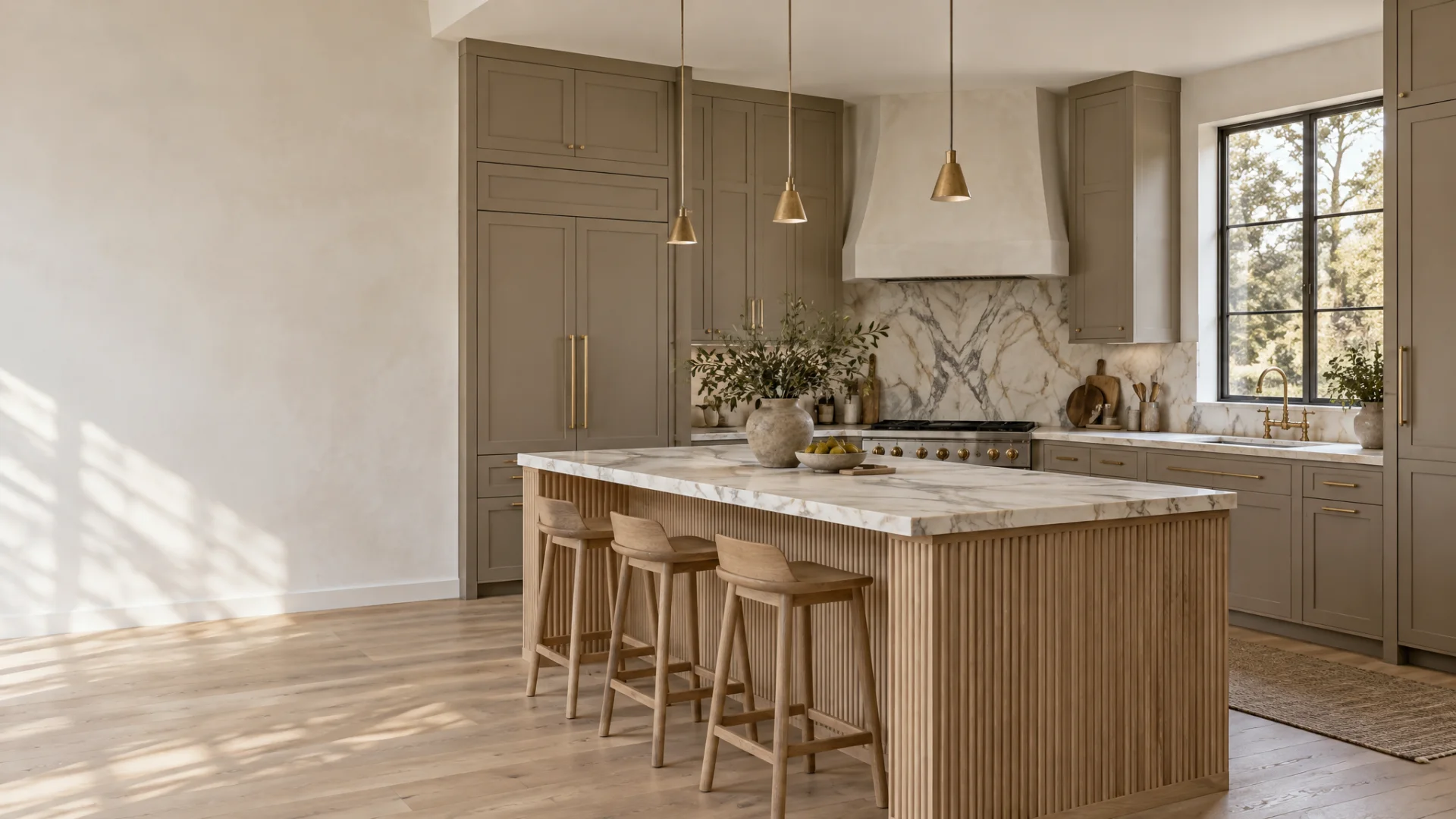 Custom kitchen with walnut cabinetry, a long marble island, a plaster hood, and copper pendants over the counter