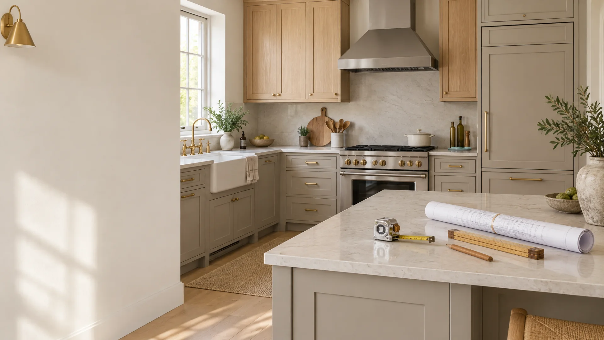 Cabinet door samples in white oak and painted green, a stone counter offcut, brass pulls, and a tape measure laid out on a kitchen island