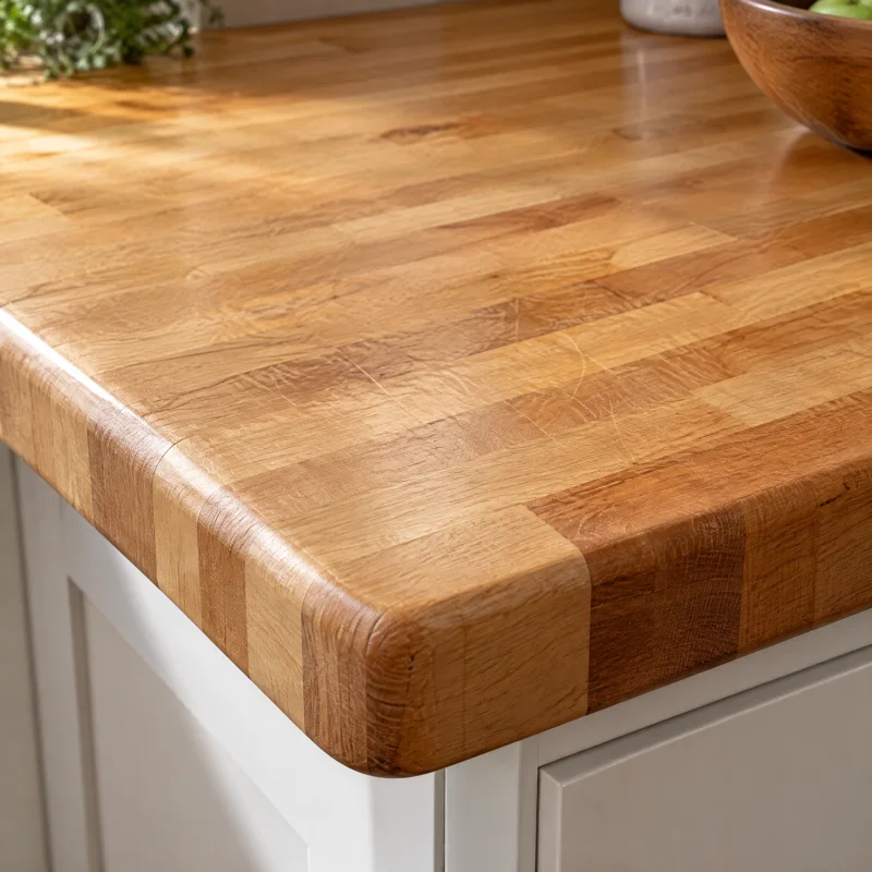 Close-up of oiled maple butcher block with edge-grain strips, a rounded front edge, and light knife wear