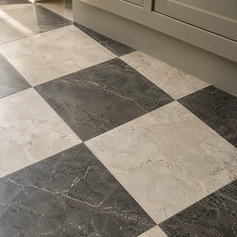 Close-up of a cream and soft charcoal marble checkerboard floor laid on the diagonal with a honed finish