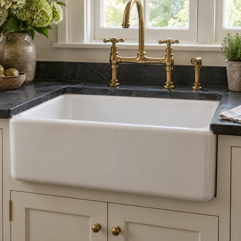 Close-up of a white fireclay farmhouse sink with an exposed apron front set into a soapstone counter beneath a brass bridge faucet