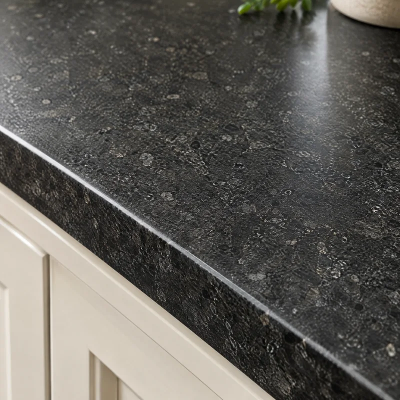 Close-up of honed black granite with fine grey and silver speckling and a squared edge
