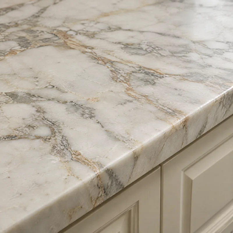 Close-up of honed white marble with grey and soft gold veining and a slightly rounded edge profile
