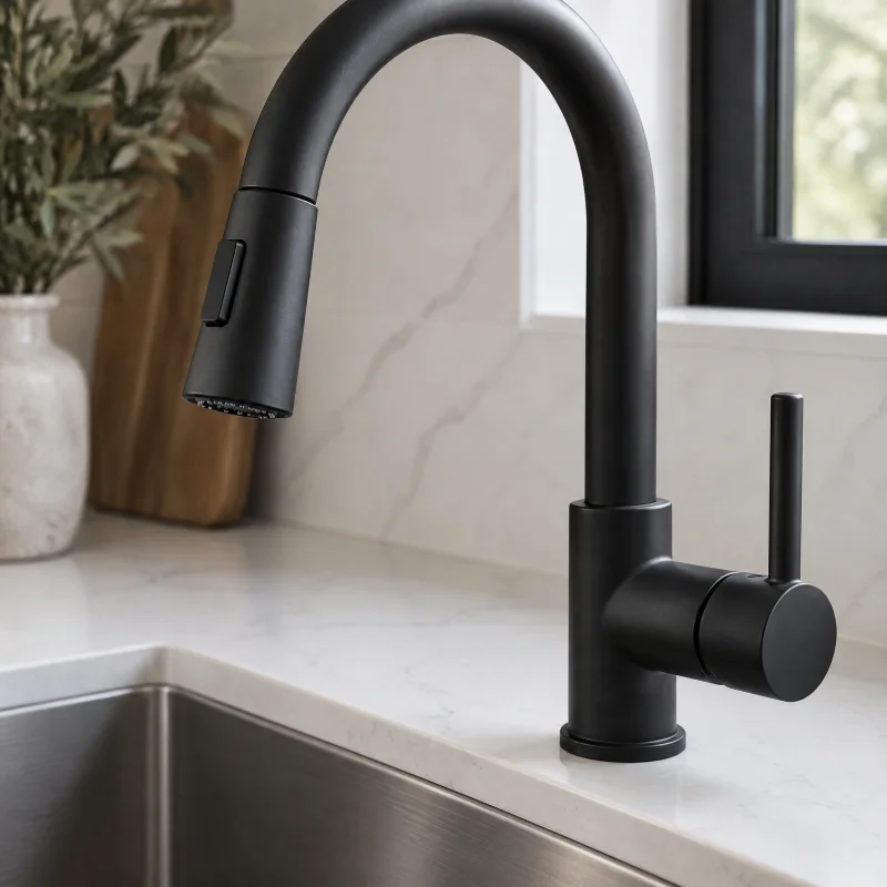 Close-up of a matte black pull-down kitchen faucet spout with a soft powder-coated finish