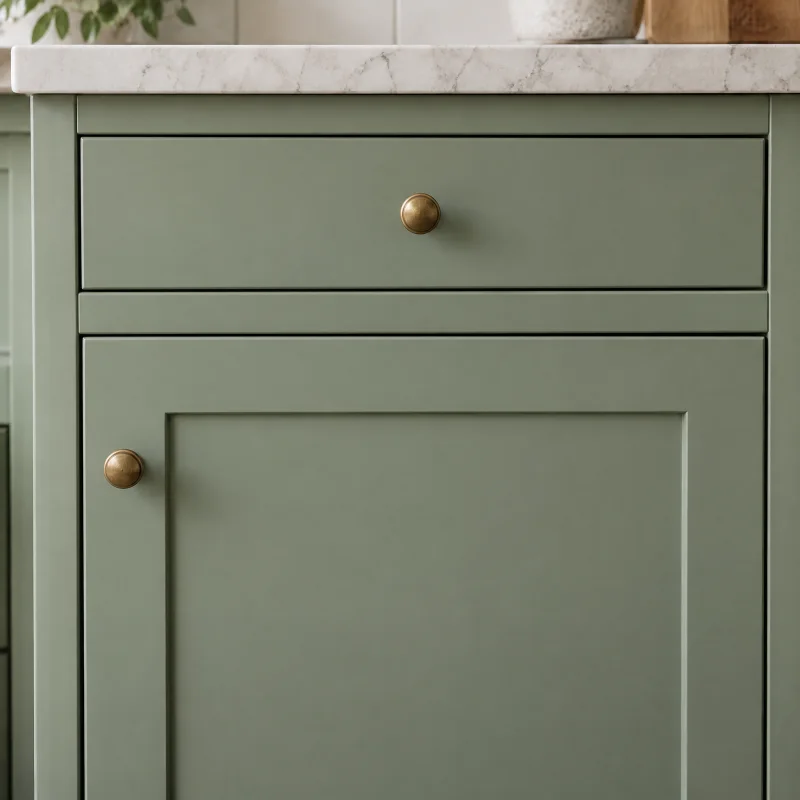 Close-up of a painted shaker cabinet door in a soft sage green with a square frame, flat center panel, and a small unlacquered brass knob