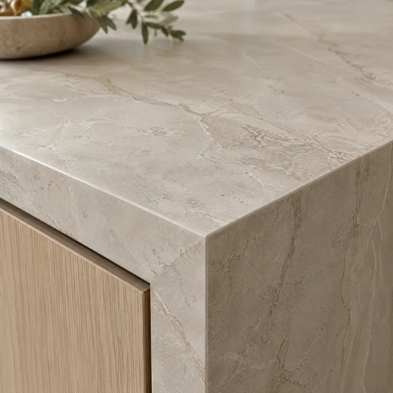 Close-up of a large-format matte porcelain slab with subtle warm greige stone veining and a crisp mitred edge