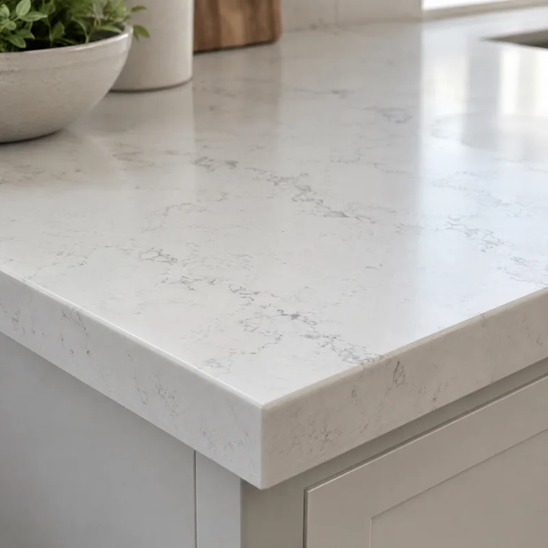 Close-up of a white engineered quartz countertop with soft grey veining, an eased edge, and a matte-satin finish