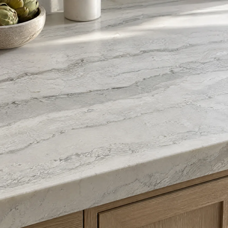 Close-up of pale white quartzite with soft grey layered veining and a honed finish