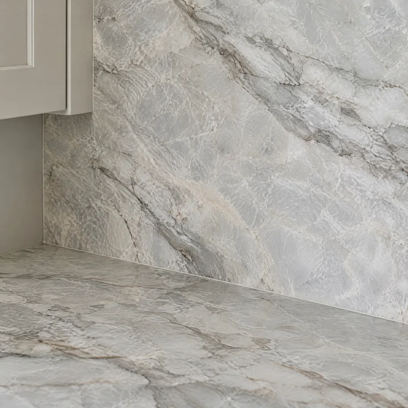 Close-up of a full-height quartzite slab backsplash meeting a matching countertop at a seamless corner, with soft grey veining