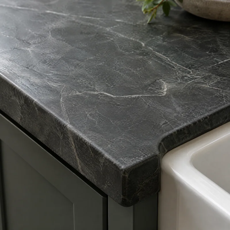 Close-up of oiled charcoal soapstone with soft pale veining and a matte, slightly worn surface