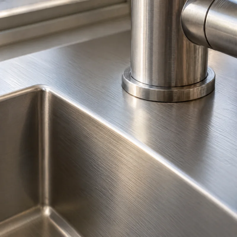 Close-up of brushed stainless steel with a fine horizontal grain along a countertop edge and a faucet base