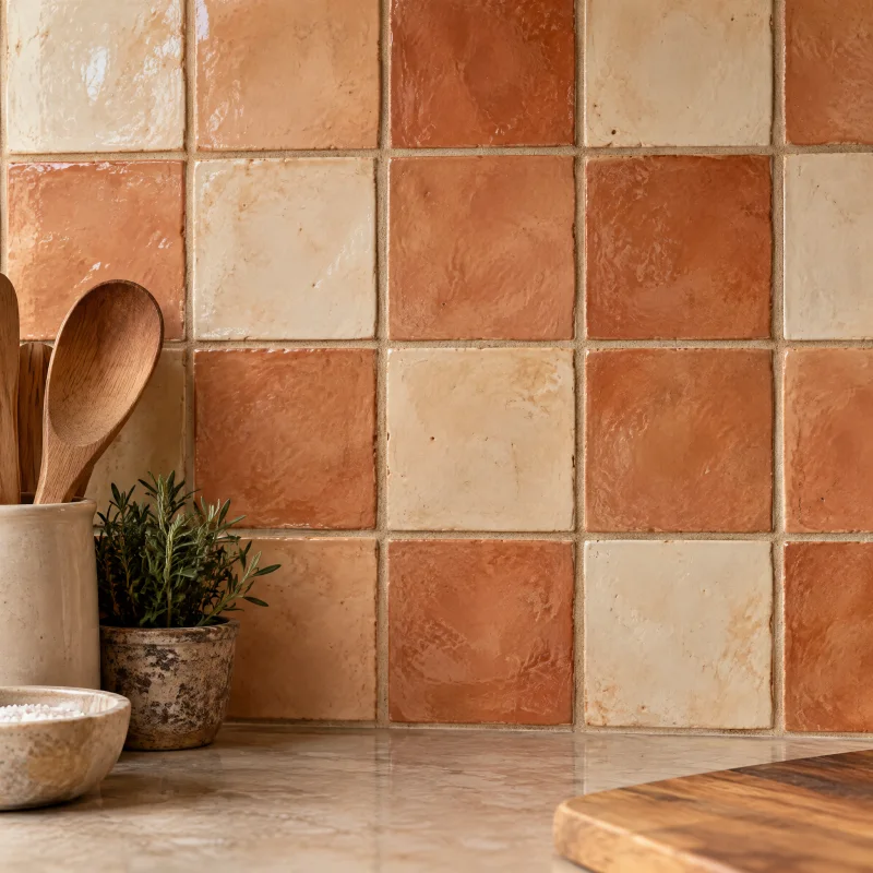 Close-up of glazed handmade terracotta tiles in warm clay and cream tones with soft color variation and slightly uneven surfaces