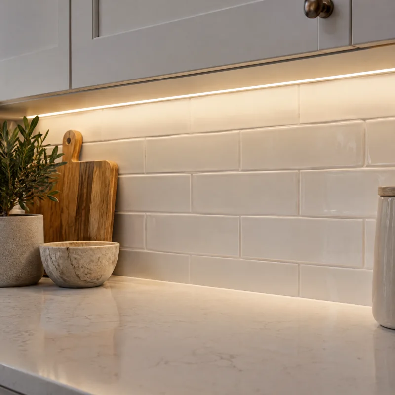 Close-up of a warm white LED light bar hidden under a wall cabinet, casting a soft even glow across a quartz counter and tile backsplash