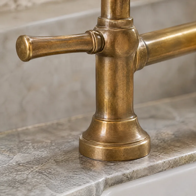 Close-up of an unlacquered brass bridge faucet lever with a warm, mottled patina and a brighter high-touch edge