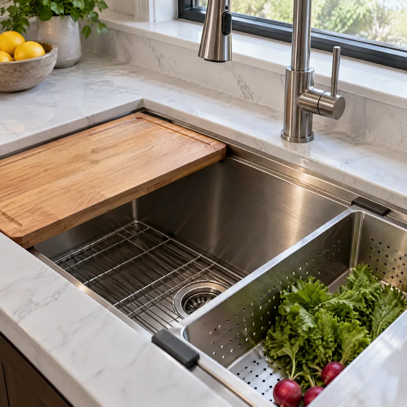 Close-up of a large stainless workstation sink with a wood cutting board and a stainless colander riding on the inner ledge