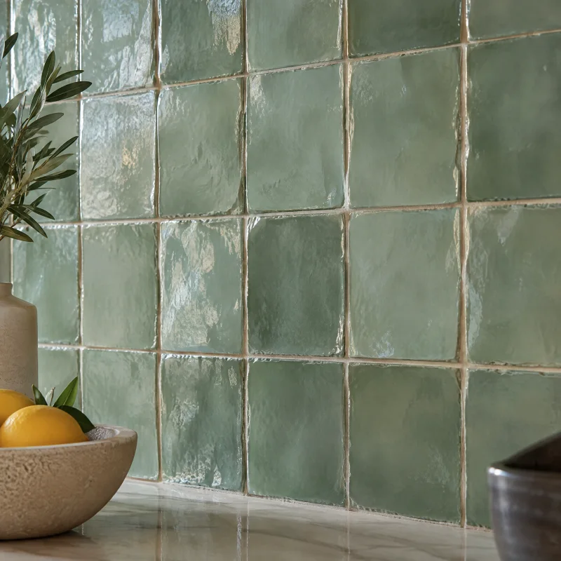 Close-up of glossy handmade zellige tiles in a soft sea-green glaze with uneven edges and slightly varied tones