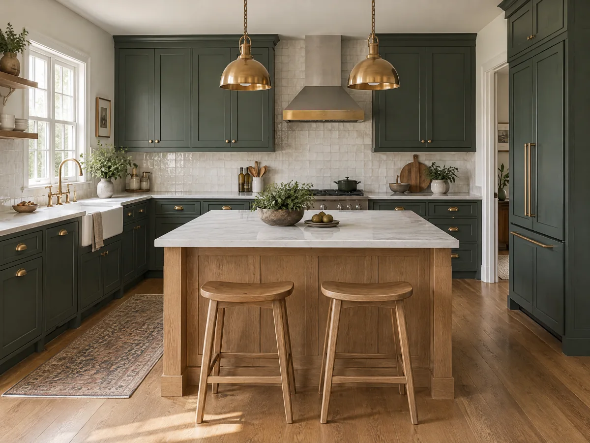 Open kitchen with white oak cabinetry, a honed stone island, a plaster range hood, and unlacquered brass fixtures under tall windows