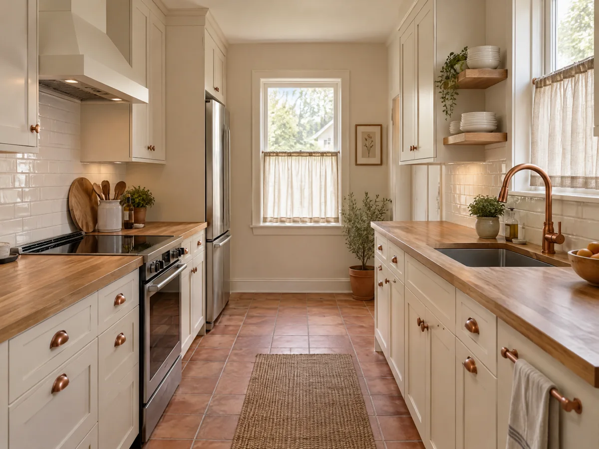 Narrow galley kitchen with warm white cabinets, a butcher-block counter, open oak shelving, and a window at the end