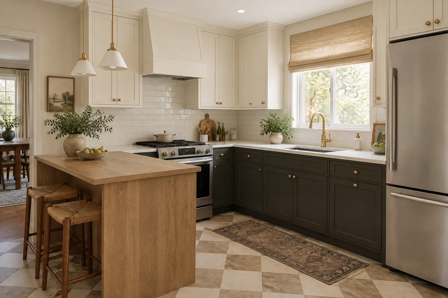 A compact galley kitchen with warm white cabinets, butcher-block counters, and open oak shelving
